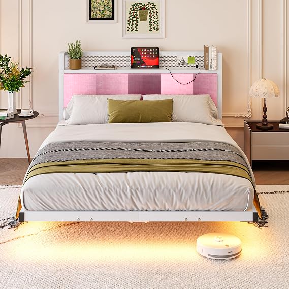 Double Floating Upholstered Bed Frame with Storage Headboard, Pink