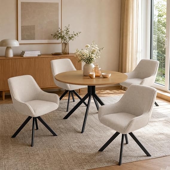 Round Dining Table and 4 Chairs Set, 5pcs Dining Room Sets, Wild Oak Wooden Table and Beige Dining Chairs Set of 4