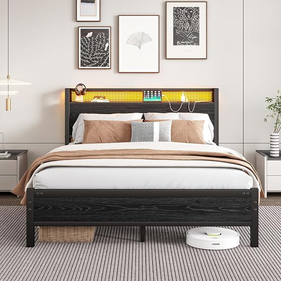 King Size Bed Frame with Wooden Storage Headboard Shelf, 5ft Wooden Bed Frame Kingsize with Charging Station/USB Ports and LED Lights, Black