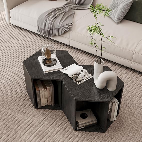 47.24" Antique Wood Multi-Purpose Hexagonal Coffee Table Set with Spacious Storage, Modern MDF Accent Table for Small Spaces, Ideal for Living Room, Bedroom and Office Use(Antique black Set)