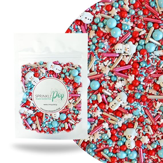 Sprinkle Pop Oh Snow Cute Sprinkle Mix| Red White Icy Blue Sprinkles with ~6 Cute Snowmen Royal Icings & White Snowflakes| Christmas Sprinkles Made in USA for Decorating Cakes Cupcakes Cookie, 2oz