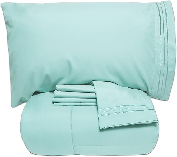 Sweet Home Collection Luxury 5 Piece Bed-In-A-Bag Solid Color Comforter and Sheet Set, Twin, Aqua