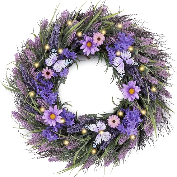 Valery Madelyn 24 inch Spring Lavender Wreaths for Front Door with Lights | Artificial Floral Summer Wreath Purple Bellflower Berries Butterfly for Home fireplace Outside Wedding Porch Window Decor