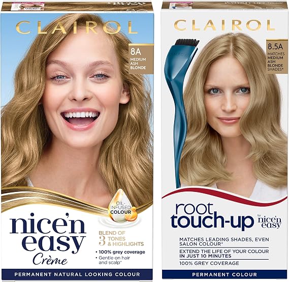 Clairol Nice' n Easy Crème, Natural Looking Oil Infused Permanent Hair Dye, 8A Medium Ash Blonde & Root Touch-Up Permanent Hair Dye, 8.5A Medium Champagne Blonde