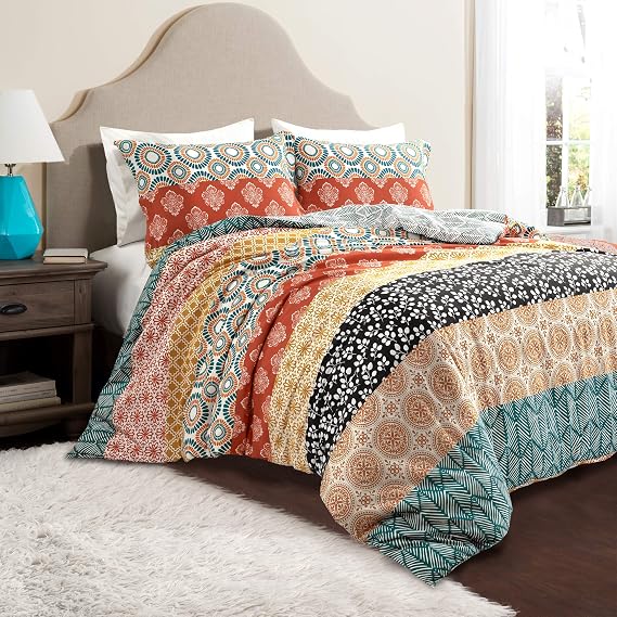 Lush Decor Bohemian Stripe Reversible Cotton Duvet Cover Set, 3 Piece Set, King, Turquoise & Orange -Striped Bedding Set - King Duvet Set - Boho Decor
