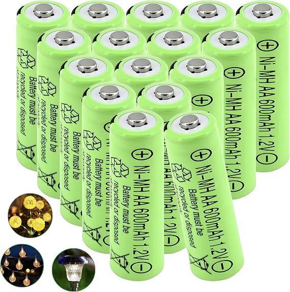 16 Packs 1.2v AA 600mAh Ni-MH Rechargeable Batteries Solar Powered Double aa Battery for Outdoor Solar Lights, Toys, Cameras, Reusable Batteries, Long Lasting Power Solutions