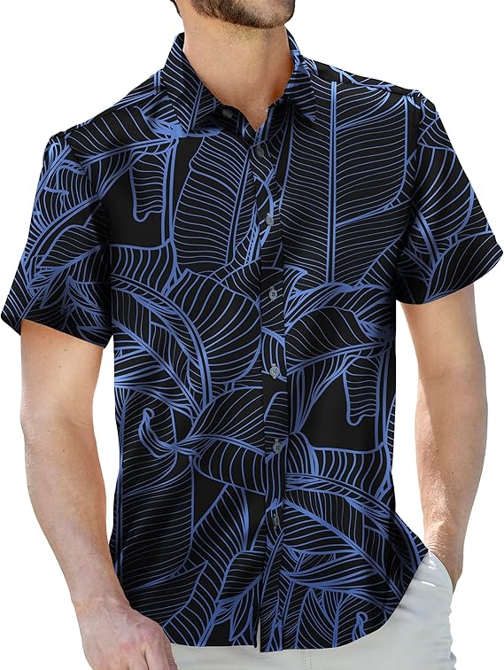 Mens Hawaiian Shirt Tropical Stretch Short Sleeve, Casual Button-Down Shirts (Banana Leaf, Black)