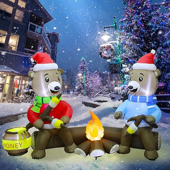 Joliyoou 7FT Christmas Inflatable, Sitting Bears Roasting Marshmallows | Light Up, Over Campfire, Xmas Lighted Blowups, Winter Yard Lawn Garden, Indoor Outdoor Decor
