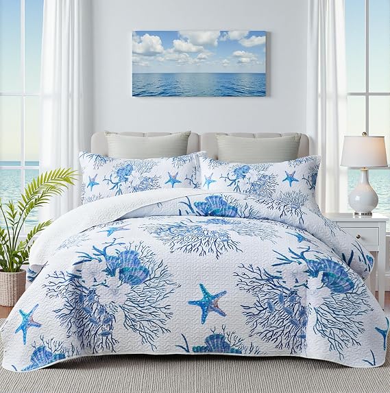 weesire Coastal King Size Quilt with 2 Shams, Nautical Comforter Sets, Ocean Bedspreads Blue Starfish Coverlet Summer Bedding, 96''x106''