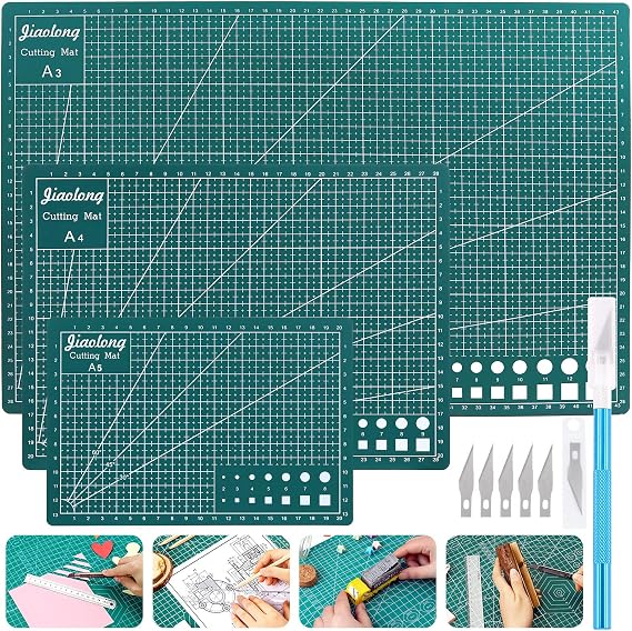 3Pcs A3 A4 A5 PVC Self Healing Cutting Mat with Precision Carving Knife, 5-Ply Double Sided Non-Slip Cutting Board Mat with Grid for Crafts Sewing Quilting Fabric(Green)