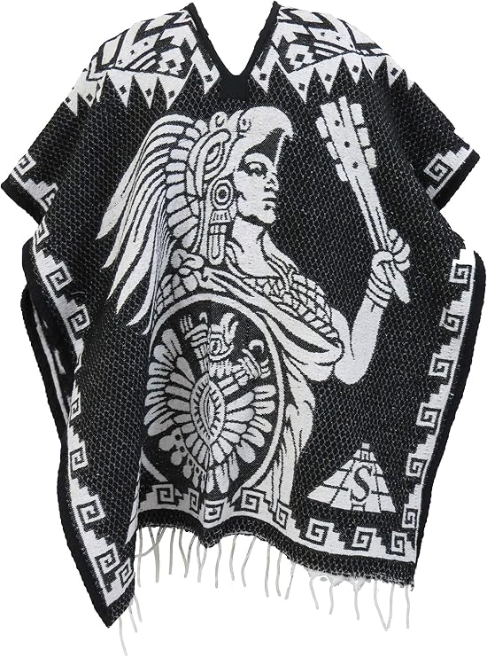 Authentic Mexican Poncho Reversible Cobija Blanket (Warrior, Black)
