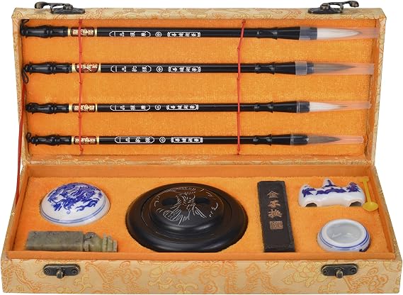 I-MART Chinese Calligraphy Set for Beginners with 4 Brushes, Ink Stone, Ink Stick, Red Ink Paste, Seal, Porcelain Water Bowl, Brush Holder, Calligraphy Kits for Beginners and Sumi Painting
