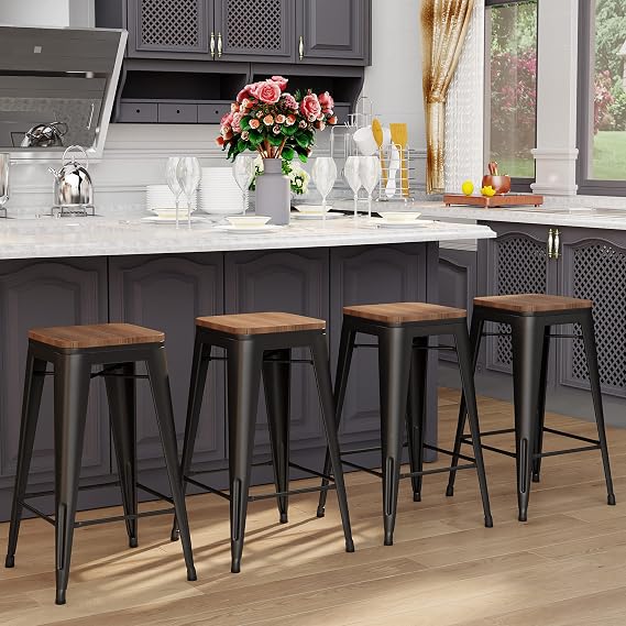 Tongli 26inch Bar Stools Set of 4 Counter Height Stools Stackable Bar Stool Backless Metal Barstools Matte Black Counter Stools Indoor for Kitchen & Island&Dining Chairs Set of 4