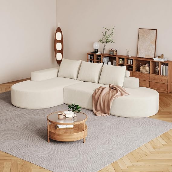 KEIKI 108.5" L Shaped Corner Couch with Chaise, Curved Sectional Sofa, Upholstered Chenille Sectional Couch for Living Room, Bedroom, Beige