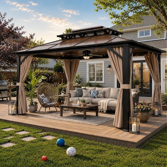 YOLENY 10'x13' Hardtop Gazebo, Outdoor Polycarbonate Double Roof Canopy, Aluminum Frame Permanent Pavilion with Curtains and Netting, Sunshade for Garden, Lawns, Patio