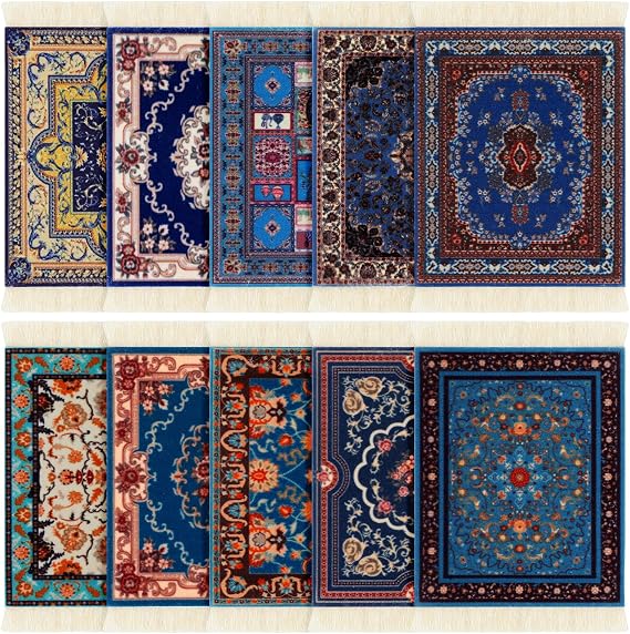 Preboun Rug Style Coasters Set of 10 Carpet Drink Mats, Classic | Mini Carpet Design for Home Bar Kitchen Office, Oriental Persian Moroccan Patterns, Vintage Fabric Holders, Gift Set