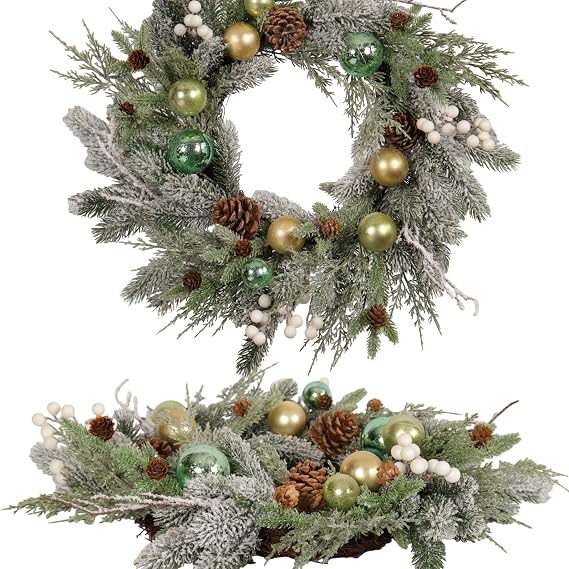 Holiday Christmas Wreath for Front Door, Snow Flocked 22-inch Artificial Winter Wreath with Gold and Green Ornaments, Pinecones and White Berries - Indoor & Outdoor Christmas Decoration