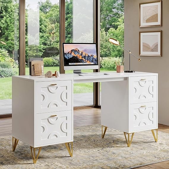 Tribesigns Office Desk with 4 File Drawers, White & Gold Home Office Desk