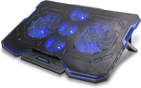 ENHANCE Cryogen Gaming Laptop Cooling Pad - Fits 17 in Computer- Adjustable Laptop Cooling Stand with 5 Quiet Cooler Fans, 2 USB Ports and LED Lighting - Slim Portable Design 2500 RPM (Blue)