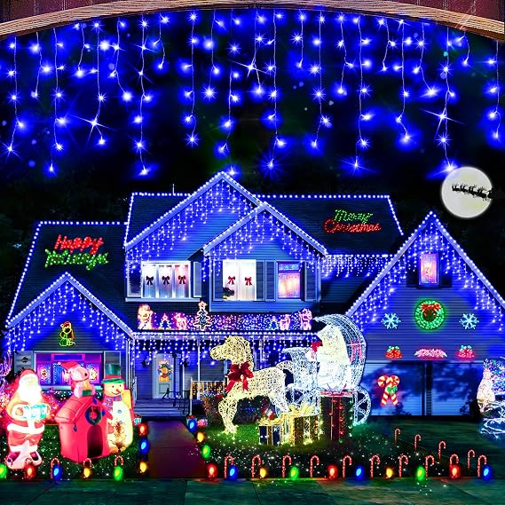 Hezbjiti Outdoor Christmas Lights, 400LED Ice Lights 33FT LED Fairy String Lights with 8 Modes and 75 Drops for Eaves, Party, Yard, Garden Decor(Bule)