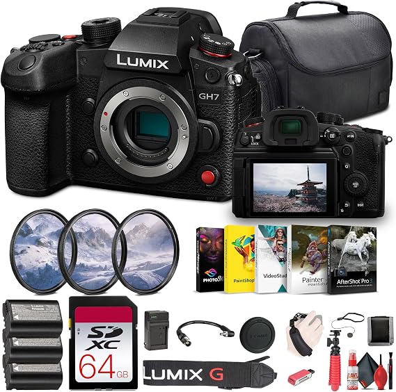 Panasonic Lumix GH7 Mirrorless Micro Four Thirds Camera (DC-GH7BODY) + 64GB Series Memory Card + Bag + Photo Editing Software + 2 x DMW-BLK22 Battery + Card Reader + Charger + Flex Tripod + More