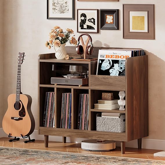 IRONCK Large Record Player Stand with Charging Station, Mid Century Record Player Cabinet, Vinyl Record Storage Stand Holds Up to 300 Albums, Turntable Table with Storage for Living Room