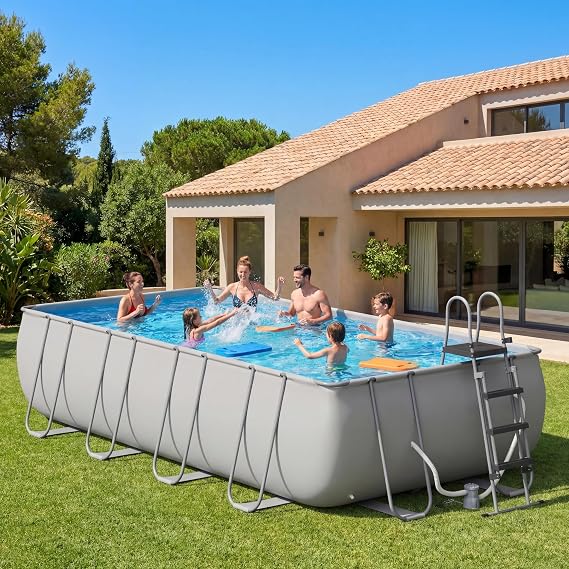18ft X 9ft Above Ground Pool Set with Removable Ladder and Filter Pump, Rectangular Swimming Pool with Steel Frame for Backyard, Gray