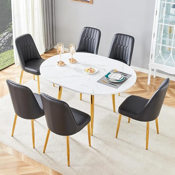Extendable Dining Room Table Set for 6|42" to 54" Round Dining Table Set for 6|White Tabletop with Chrome Gold Leg|Thick Cushion Soft Chairs|Stable and Sturdy|Space Saving|Easy Assembly