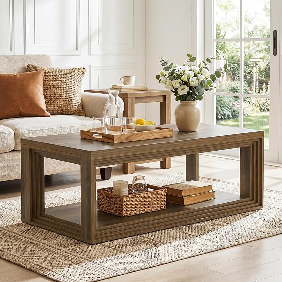 Tribesigns 47" Modern Coffee Table, Farmhouse Rectangular Living Room Table with 2-Tier Storage Shelf, Fluted Center Table for Living Room, Home Office, Apartment, Rustic Brown