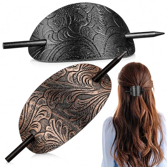 POPETPOP 2pcs Hairpin Ponytail Holders - Leather Hair Barrette with Wood Cuff, Hair Styling Stick for Ponytails and Updos, and Hair Clips for Women