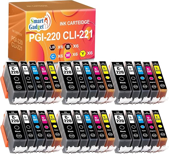 Compatible Ink Cartridge Replacement for Canon PGI220 PGI-220 CLI221 CLI-221 to use with MX870 MX860 MP620 MP560 MP980 (6 Large Black,6 Small Black,6 Cyan,6 Magenta,6 Yellow) 30 Pack