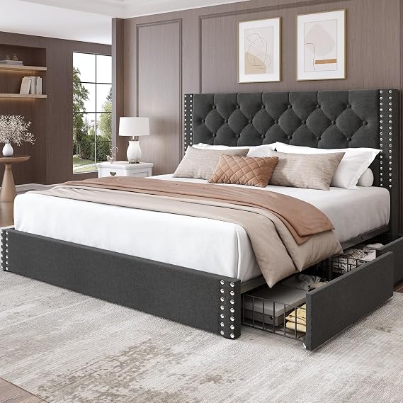 LARMACE Full Size Bed Frame Upholstered Platform Bed with 4 Storage Drawers and Tufted Headboard Linen Bed Frame with Heavy Duty Wood Slats, No Box Spring Needed, Easy Assembly, Dark Grey