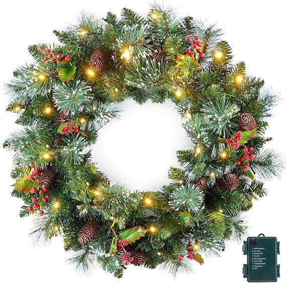 Pre-Lit Artificial Christmas Wreath for Front Door, Green, 50 LED Lights, Decorated with Pine Cones, Red Berry Clusters, Frosted Branches, Hari Leaves, Christmas Collection, 24 Inches