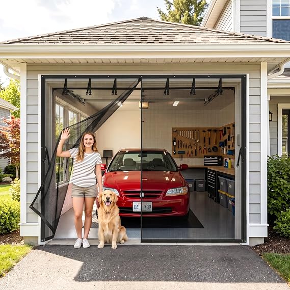 MAGZO Garage Door Screen for 1 Car 8x7 FT | Magnetic Closure, Weighted Bottom, Hands-Free Entry, Side Zipper, Roll Up Straps, Heavy Duty, Pet&Kid Friendly for Patio