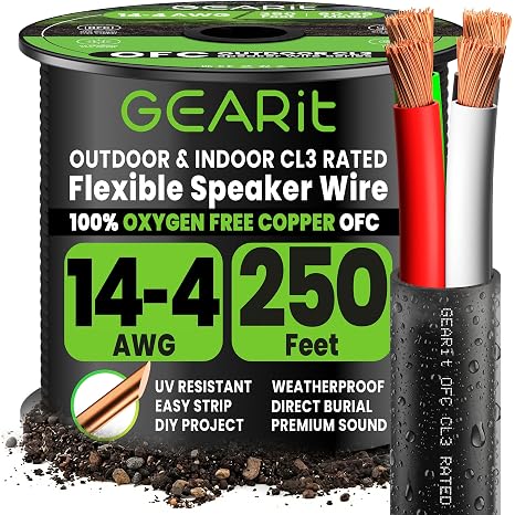 GEARit Outdoor Speaker Wire 14 Gauge,OFC Speaker Cable 250FT UL CL3 Rated | 14/4 Speaker Wire with Foot Markers,Polarity Marked,14 AWG Copper Wires for In Wall,Garden,Commercial(OFC,Black,4 Conductors)