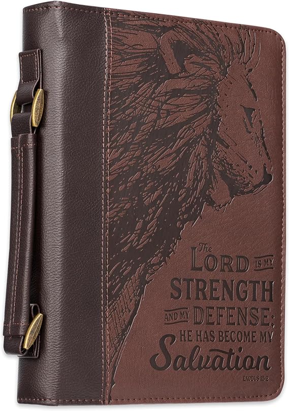 Christian Art Gifts Men's Classic Bible Cover The Lord is My Strength Lion Exodus 15:2, Brown Faux Leather, Medium