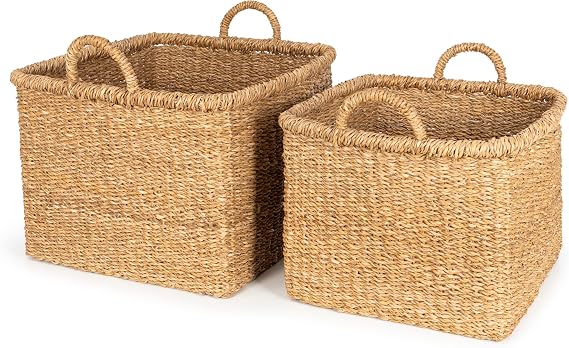 Olly & Rose Large Set 2 Premium Woven Seagrass Handmade Storage Baskets Square 45 and 40cm Large Premium Laundry Baskets and Display Versatile Natural