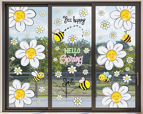 Spring Daisy Window Clings Decorations for Glass Hello Spring Window Stickers Bee Happy Cute Large Daisy Flower Window Stickers Decal Spring Door Wall Window Decor