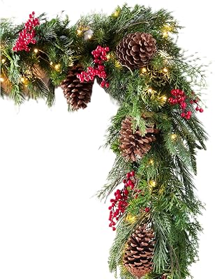 Balsam Hill Outdoor Red Berry Pine Christmas Garland - Fresh Traditional Greenery Garland with Natural Elements & Battery-Operated LED Clear Lights for Indoor and Outdoor Holiday Decorating, 10