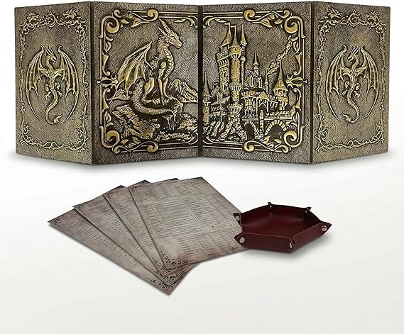 Dungeon Master Screen with Dice Tray - DOJA Hobbies - Foldable DM Screen 4 Panels in Gold Synthetic Leather, with Customizable Pockets and Templates, Accessory for Dungeons and Dragons