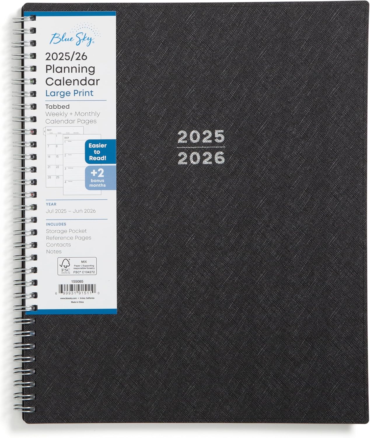 Blue Sky 2025-2026 Academic Year Large Print Weekly and Monthly Planner Calendar, July 2025 - June 2026, 12-Month, 8.5 x 11, Flexible Cover, Wirebound, Storage Pocket, Laminated Tabs, Black