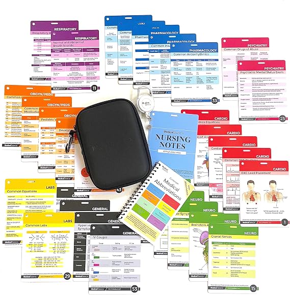 Nursing Notes 60 High Yield Pocket Nursing Reference Cards, Durable Plastic (3.5" x 5") - MedSurg, ICU/Critical Care, Pharmacology, OB/Peds - with Bonus Medical Abbreviation Booklet