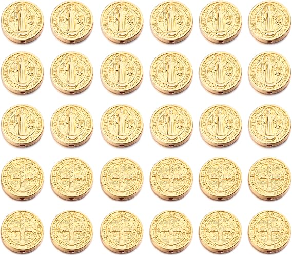 30 Gold Color Saint Benedict Evil Protection Medal Rosary Beads for DIY Bracelet Catholic Religious Jewelry Making
