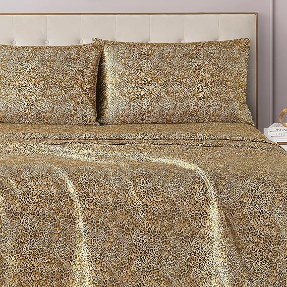 Juicy Couture Twin Size Satin Bed Sheet Set, Deep Pocket Twin Sheet Set with 1 Fitted Sheet, 1 Flat Sheet and 1 Pillowcase, Wrinkle Resistant and Anti Pilling Bed Sheets - Monica Leopard