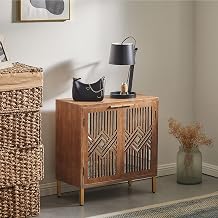 COZAYH 2 Door Accent Cabinet, Wood Sideboard Storage Furniture with Modern Geometric Mirror Front, Freestanding Home and Kitchen Cabinet, BrownSilver
