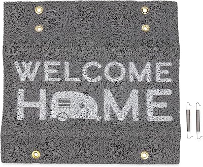 Camco Life is Better at The Campsite CamperRV Wrap Around Step Rug - Easy Clean Material w”Welcome Home” Design - No Tools Required - Fits 18” W Steps - Works wManual or Electric Steps 53196