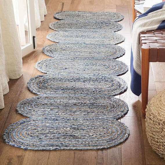 SAFAVIEH Cape Cod Collection 2'3" x 8' Blue / Natural CAP208L Handmade Braided Jute & Cotton Runner Rug